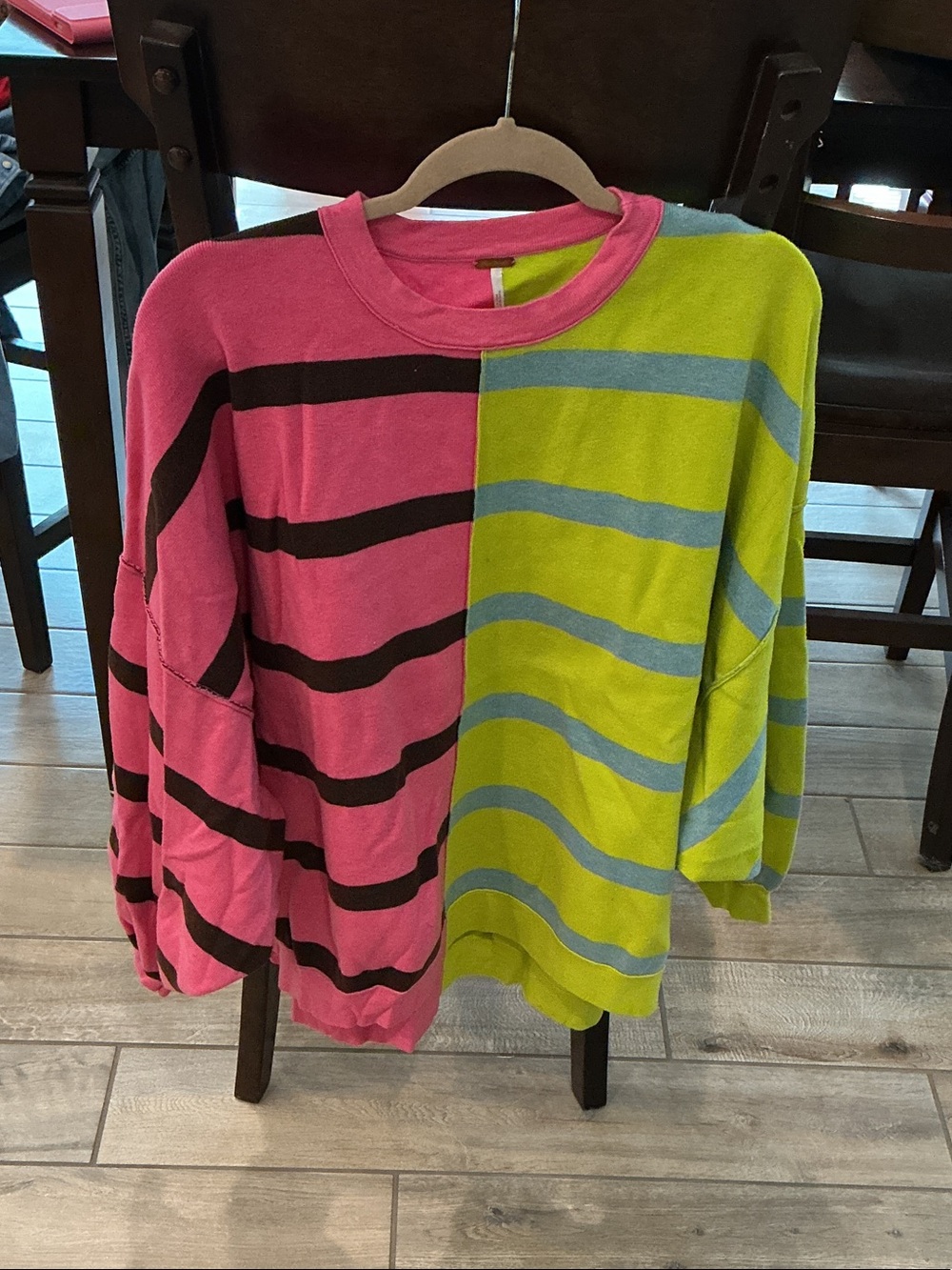 Free People Two-Tone Striped Crewneck Sweater - Hot Pink, Lime & Aqua